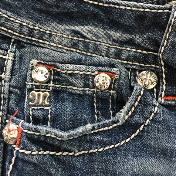 Miss Me Signature Cuffed Skinny Jeans Women 25 Blue Low Rise Aztec Patch Flap - Picture 13 of 16